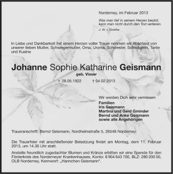 Traueranzeige von Johanne Sophie Katharine Geismann von Ostfriesischer Kurier