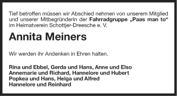 Traueranzeige von Annita Meiners von Ostfriesischer Kurier