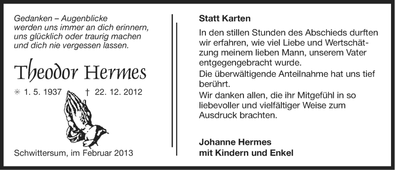  Traueranzeige für Theodor Hermes vom 09.02.2013 aus Ostfriesischer Kurier