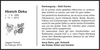 Traueranzeige von Hinrich Dirks von Ostfriesischer Kurier