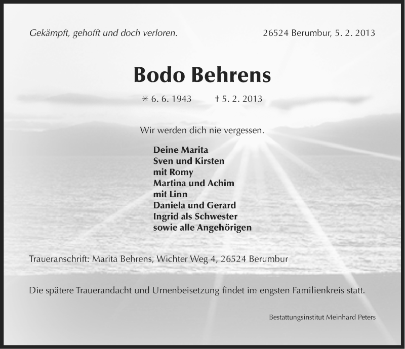  Traueranzeige für Bodo Behrens vom 07.02.2013 aus Ostfriesischer Kurier