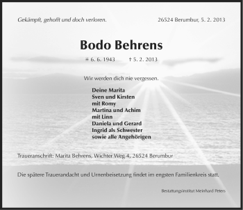 Traueranzeige von Bodo Behrens von Ostfriesischer Kurier