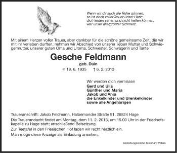 Traueranzeige von Gesche Feldmann von Ostfriesischer Kurier