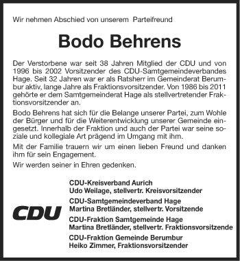 Traueranzeige von Bodo Behrens von Ostfriesischer Kurier