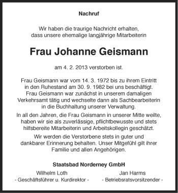 Traueranzeige von Johanne Geismann von Ostfriesischer Kurier