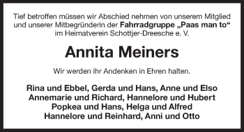 Traueranzeige von Annita Meiners von Ostfriesischer Kurier