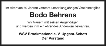 Traueranzeige von Bodo Behrens von Ostfriesischer Kurier