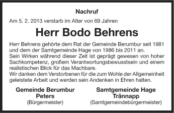 Traueranzeige von Bodo Behrens von Ostfriesischer Kurier