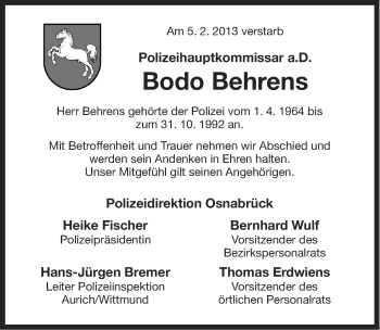 Traueranzeige von Bodo Behrens von Ostfriesischer Kurier