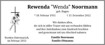Traueranzeige von Rewenda  Noormann von Ostfriesischer Kurier
