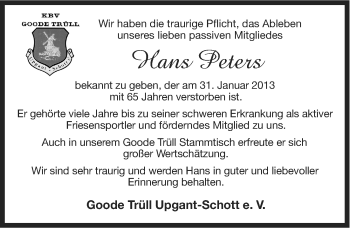 Traueranzeige von Hans Peters von Ostfriesischer Kurier