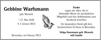 Traueranzeige von Gebbine Warfsmann von Ostfriesischer Kurier