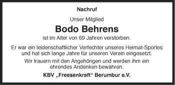 Traueranzeige von Bodo Behrens von Ostfriesischer Kurier