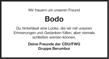 Traueranzeige von Bodo Behrens von Ostfriesischer Kurier