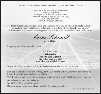 Traueranzeige von Erna Schmidt von Ostfriesischer Kurier