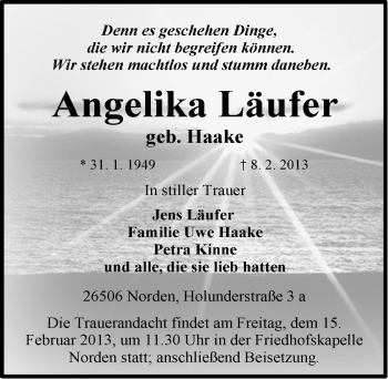 Traueranzeige von Angelika Läufer von Ostfriesischer Kurier
