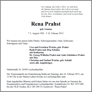 Traueranzeige von Rena Prahst von Ostfriesischer Kurier
