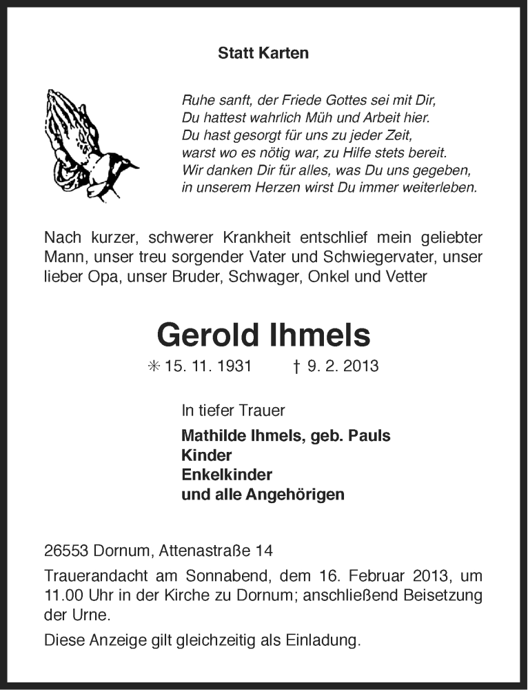  Traueranzeige für Gerold Ihmels vom 13.02.2013 aus Ostfriesischer Kurier