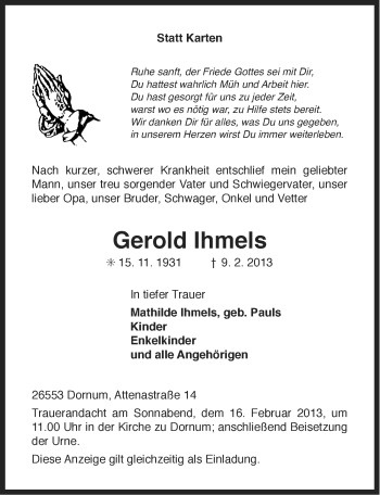 Traueranzeige von Gerold Ihmels von Ostfriesischer Kurier