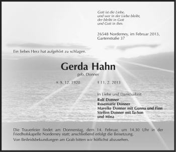 Traueranzeige von Gerda Hahn von Ostfriesischer Kurier