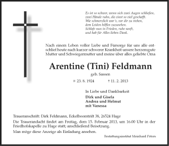 Traueranzeige von Arentine Feldmann von Ostfriesischer Kurier