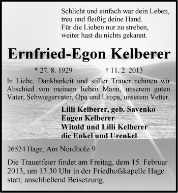 Traueranzeige von Erndfried-Egon Kelberer von Ostfriesischer Kurier