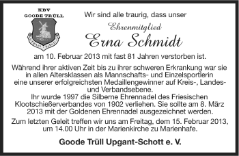 Traueranzeige von Erna Schmidt von Ostfriesischer Kurier