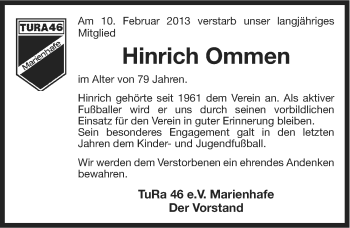 Traueranzeige von Hinrich Ommen von Ostfriesischer Kurier