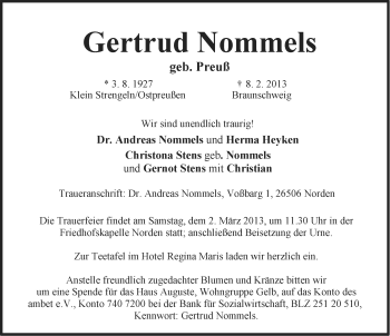 Traueranzeige von Gertrud Nommels von Ostfriesischer Kurier