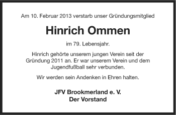 Traueranzeige von Hinrich Ommen von Ostfriesischer Kurier
