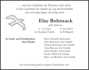 Traueranzeige von Else Bohnsack von Ostfriesischer Kurier