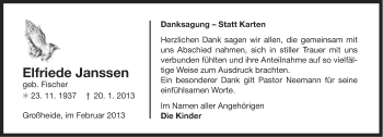 Traueranzeige von Elfriede Janssen von Ostfriesischer Kurier