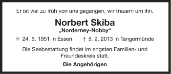 Traueranzeige von Norbert Skiba von Ostfriesischer Kurier