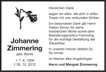 Traueranzeige von Johanne Zimmering von Ostfriesischer Kurier