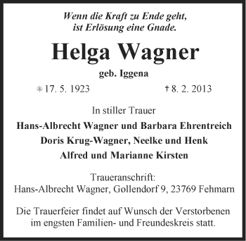 Traueranzeige von Helga Wagner von Ostfriesischer Kurier