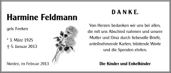 Traueranzeige von Harmine Feldmann von Ostfriesischer Kurier