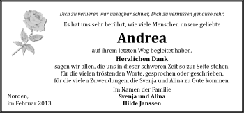 Traueranzeige von Andra  von Ostfriesischer Kurier