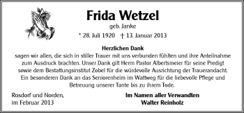 Traueranzeige von Frida Wetzel von Ostfriesischer Kurier