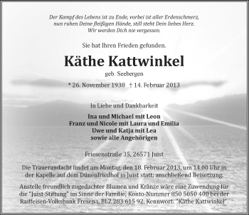 Traueranzeige von Käthe Kattwinkel von Ostfriesischer Kurier