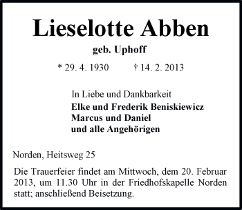 Traueranzeige von Lieselotte Abben von Ostfriesischer Kurier