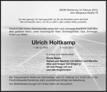 Traueranzeige von Ulrich Holtkamp von Ostfriesischer Kurier