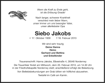Traueranzeige von Siebo Jakobs von Ostfriesischer Kurier