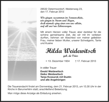 Traueranzeige von Hilda Weidewitsch von Ostfriesischer Kurier