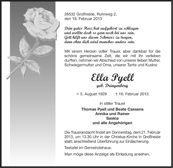 Traueranzeige von Ella Pyell von Ostfriesischer Kurier