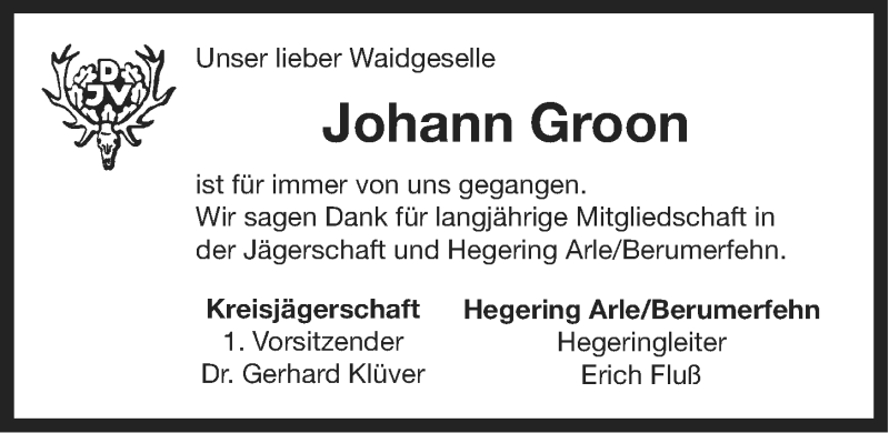  Traueranzeige für Johann Groon vom 19.02.2013 aus Ostfriesischer Kurier