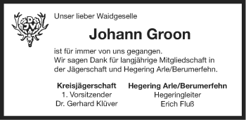 Traueranzeige von Johann Groon von Ostfriesischer Kurier