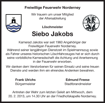 Traueranzeige von Siebo Jakobs von Ostfriesischer Kurier