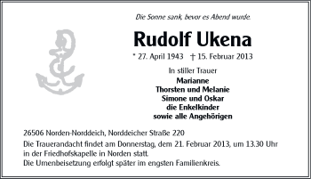 Traueranzeige von Rudolf Ukena von Ostfriesischer Kurier