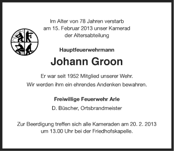 Traueranzeige von Johann Groon von Ostfriesischer Kurier