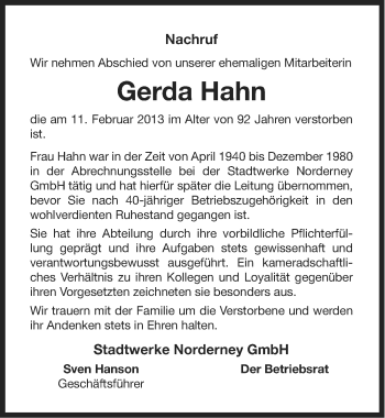 Traueranzeige von Gerda Hahn von Ostfriesischer Kurier
